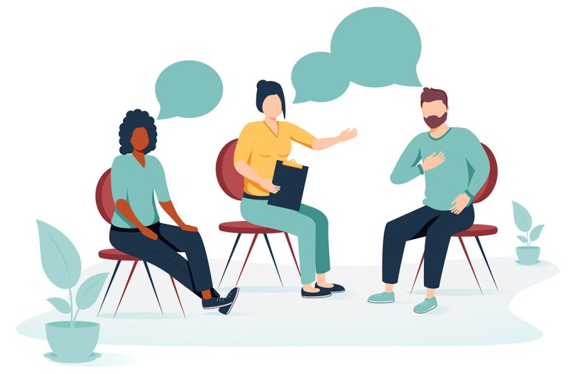 People suffering from problems, attending psychological support meeting. Patients sitting in circle, talking. Vector illustration for group therapy, counseling, psychology, help, conversation concept